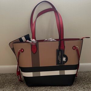 Deluxity Women’s Tan & Red Stripe Tote Bag